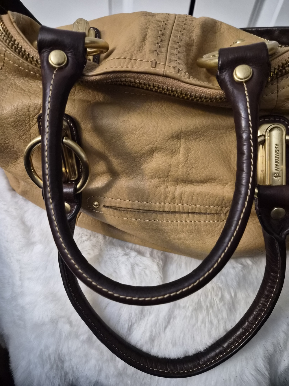 B MAKOWSKI Two-Tone Tan and Cream Women’s Leather Handbag - Picture 9 of 15